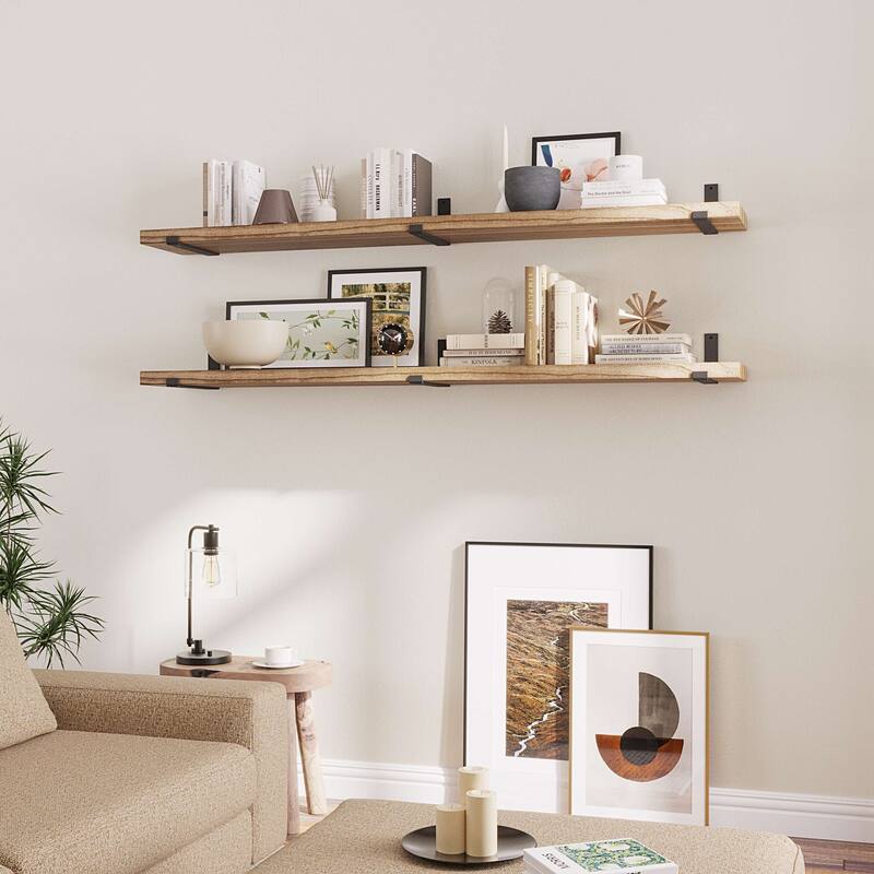 Wallniture Forte 60" or 72" Long, 11.25" Deep Floating Bookshelves, Farmhouse Shelves Living Room, 1.5" Thick, Wood, Burnt, 1 Pc
