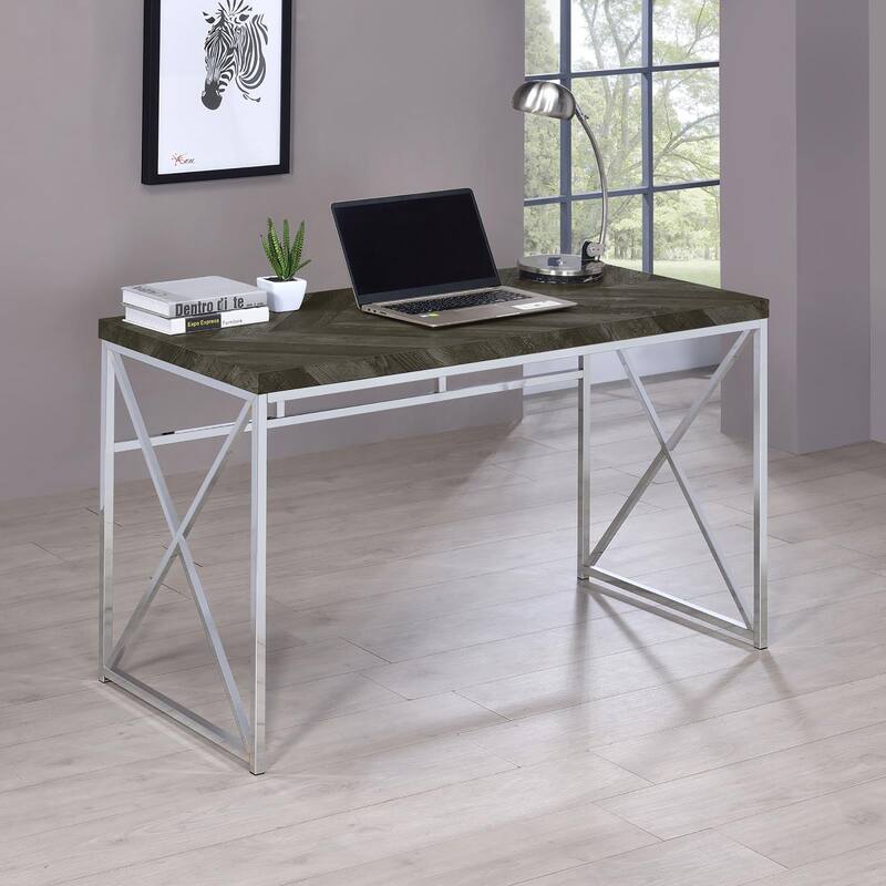 Modern Writing Desk with Chrome X-Shaped Metal Base and Rustic Grey Herringbone Finish for Office or Living Room - Grey