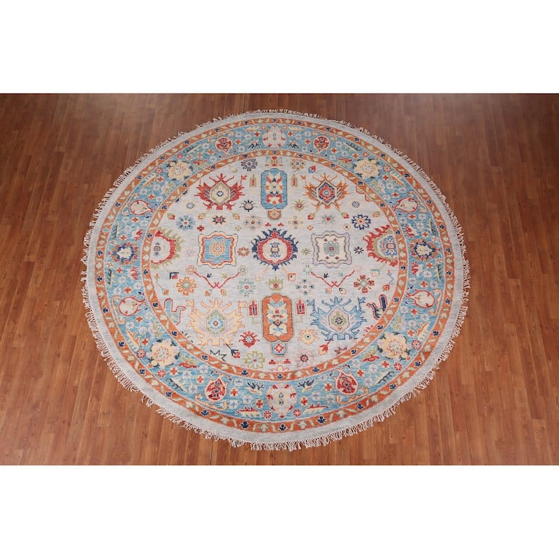 Oushak Indian Round Rug Hand-Knotted Wool Carpet - 8'10"x 9'1"