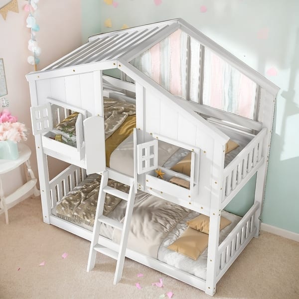 slide 2 of 52, Elegance Unique Design Wood House Roof bunk Bed,Minimalistic Design Kid's Bunk Bed White