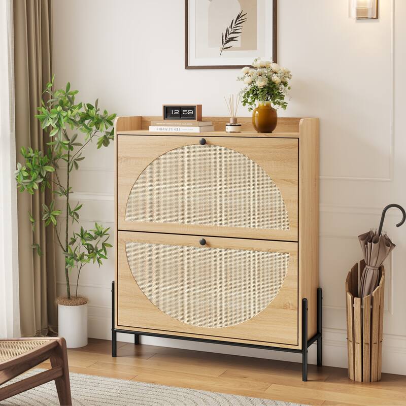 2-Drawer Wooden Shoe Cabinet with Rattan Doors/Narrow Freestanding Storage Organizer for Entryway