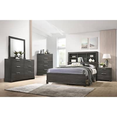 Transitional Queen Size Solid Wood Bed with Bookcase Headboard