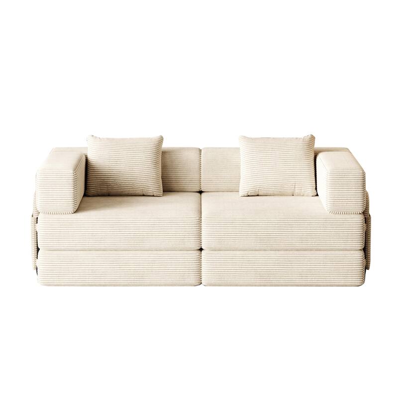 Folding Loveseat Sofa Convertible Sleeper Sofa Bed, Floor Standing Couch Bed Corduroy Floor Mats with Side Pockets and Pillows