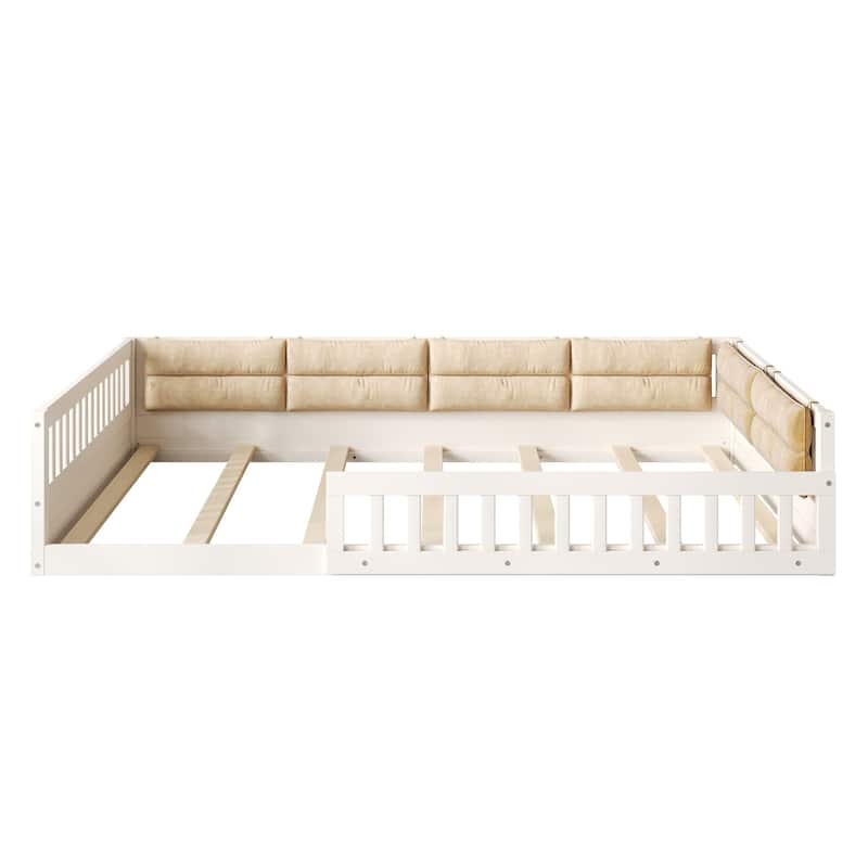 Full Size Upholstered Platform Bed with Guardrail and Pillow, Beige