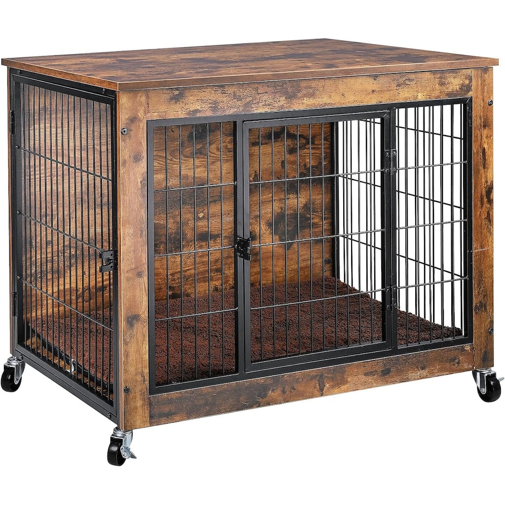 BOSSIN Dog Crate Furniture with Cushion, 32 Inch Double Doors Wooden Dog House Side End Table with Wheels for Small Medium Dogs
