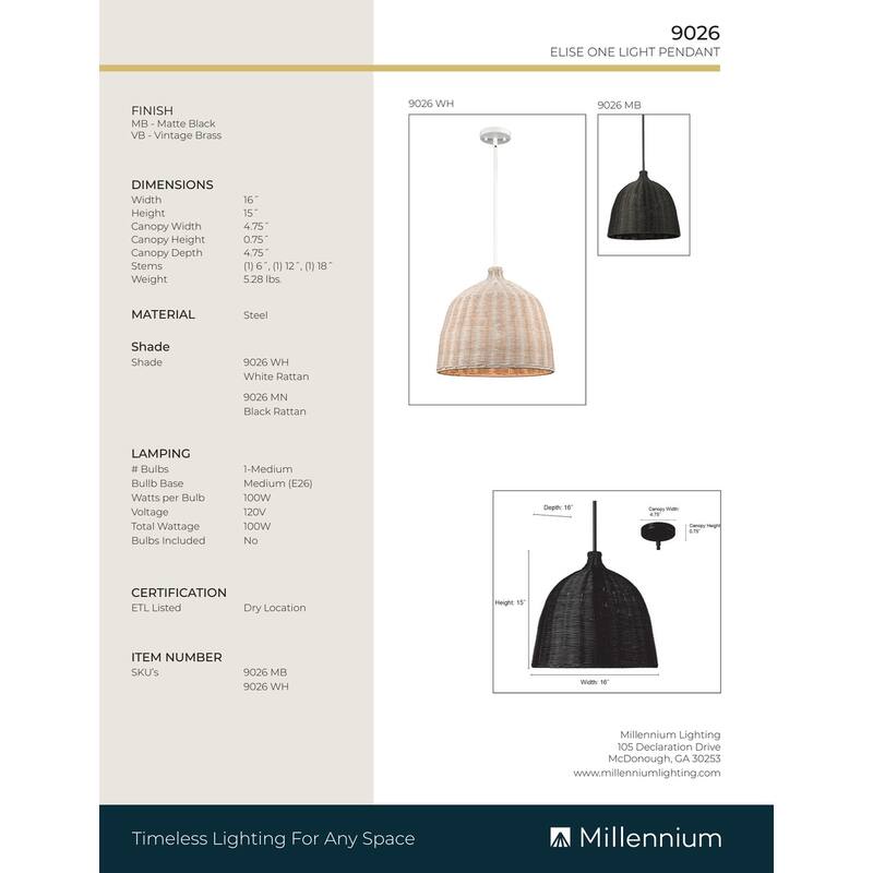Millennium Lighting Elise 1 Light Pendant Fixture - 15 Inch