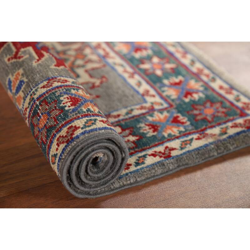 Hand Knotted Oriental 100% Wool Carpet Traditional Geometric Greys & Charcoal Kazak Area Rug - 2' 10'' X 1' 11''