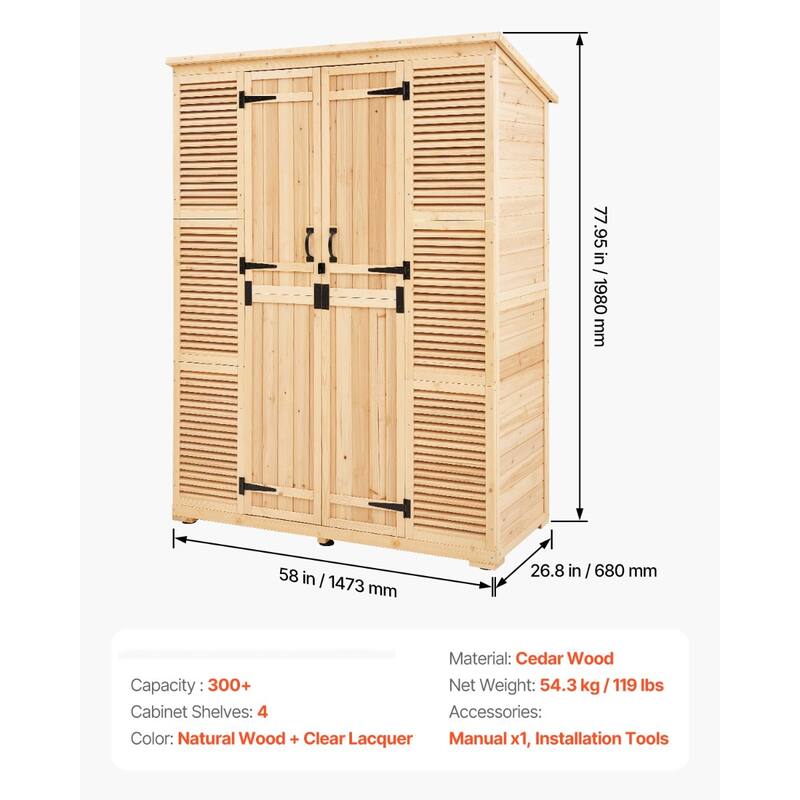 Outdoor Wooden Storage Shed Waterproof Cedar Garden Tool Cabinet - 58 x 26.8 x 77.95 inch