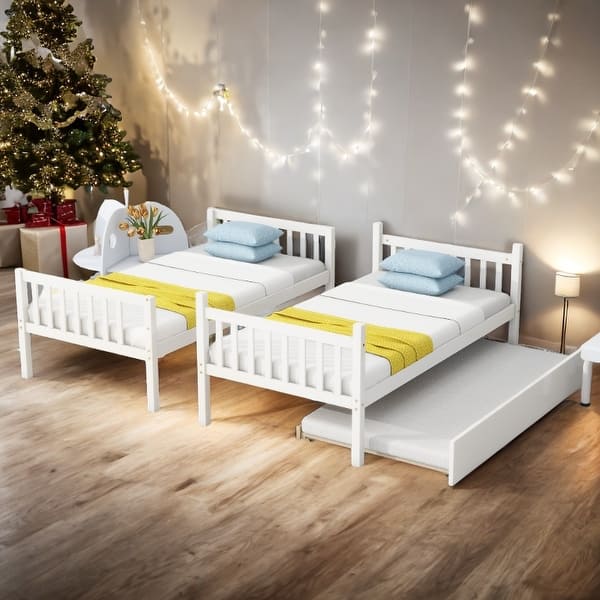 slide 2 of 72, Twin Over Twin Rubber Wood Bunk Bed with Trundle, Convertible into 2 Twin Size Beds,with Ladder and Safety Guardrails White