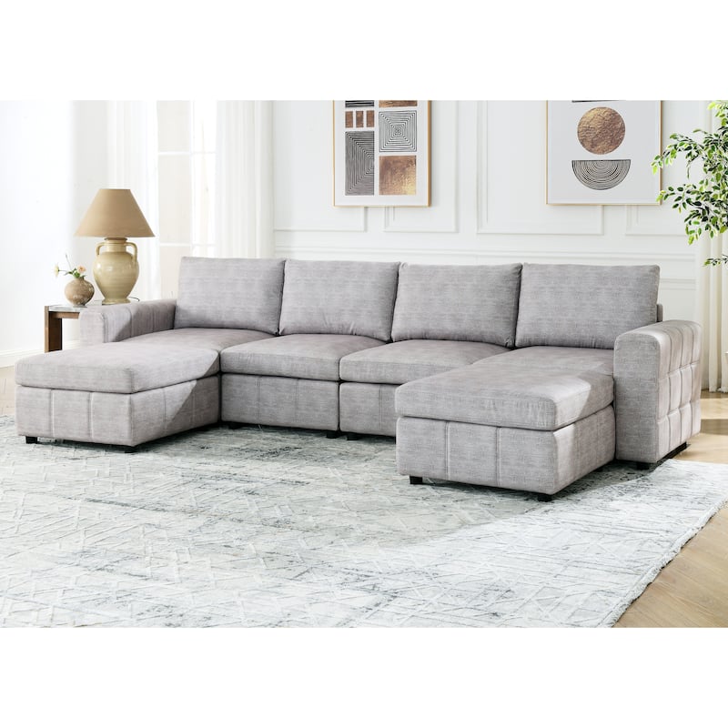 Living Room Lshaped Sectional Sofa Set with 2 Ottomans, Light Grey