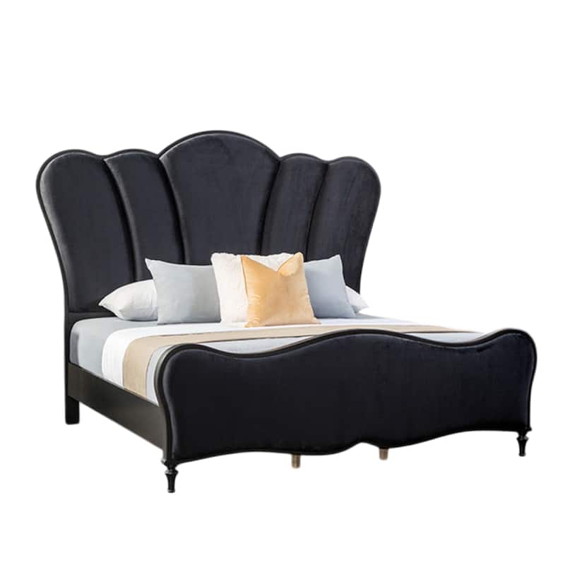 Eleena King Bed, Scalloped Padded Channel Tufting, Black Upholstery