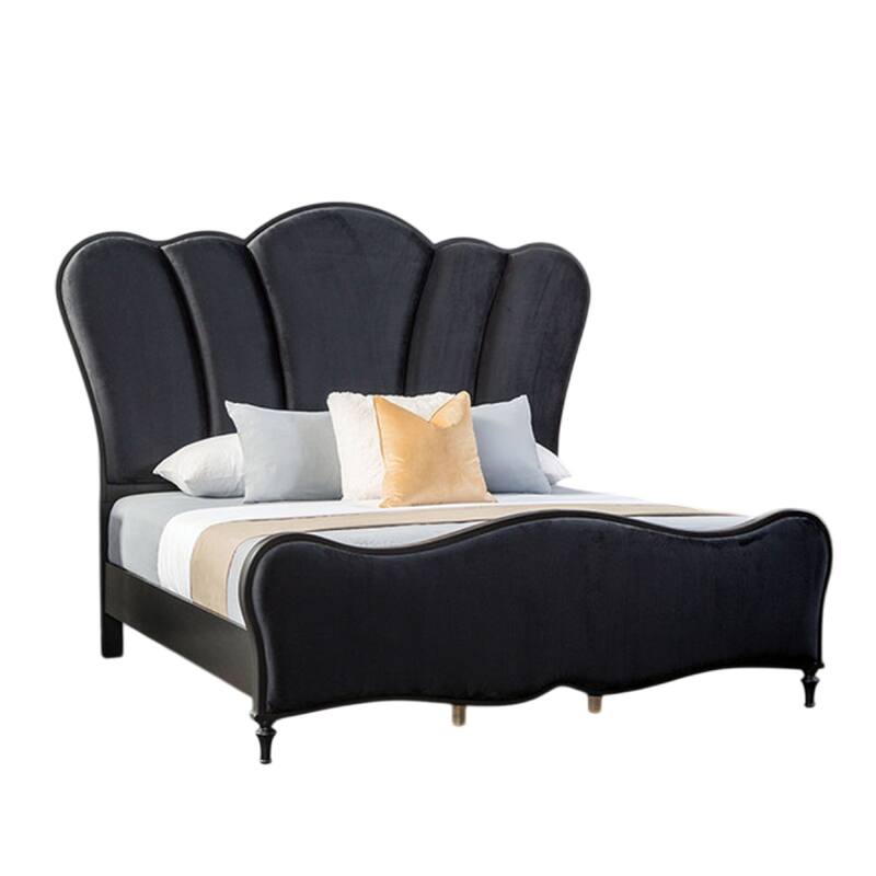Eleena Queen Bed, Scalloped Padded Channel Tufting, Black Upholstery