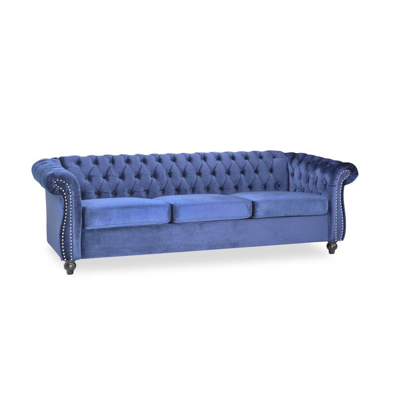 Chesterfield 3-Seater Velvet Sofa with Tufted Back and Nailhead Trim for Living Room