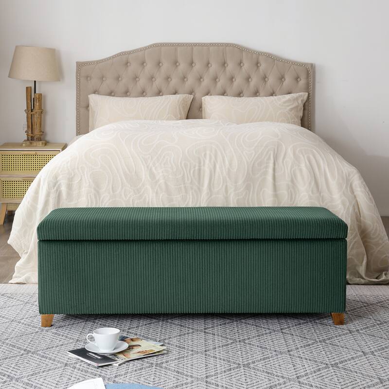 Adeco Corduroy Storage Ottoman for Living Room Bedroom - Dark-Green
