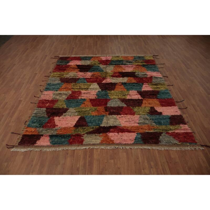 Hand Knotted Oriental 100% Wool Carpet Modern All-Over Multi-Colored Moroccan Area Rug - 9' 9'' X 8' 0''