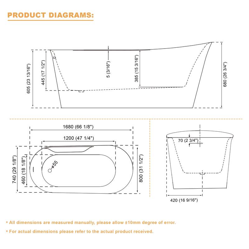 66'' W,73 GALLONS Freestanding Acrylic Soaking Bathtub With Drain And Overflow Holes