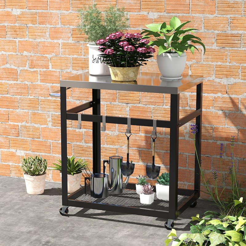 Gymax 2-tier Stainless Steel Grill Cart w/ Wheels & Handle 4 Hooks