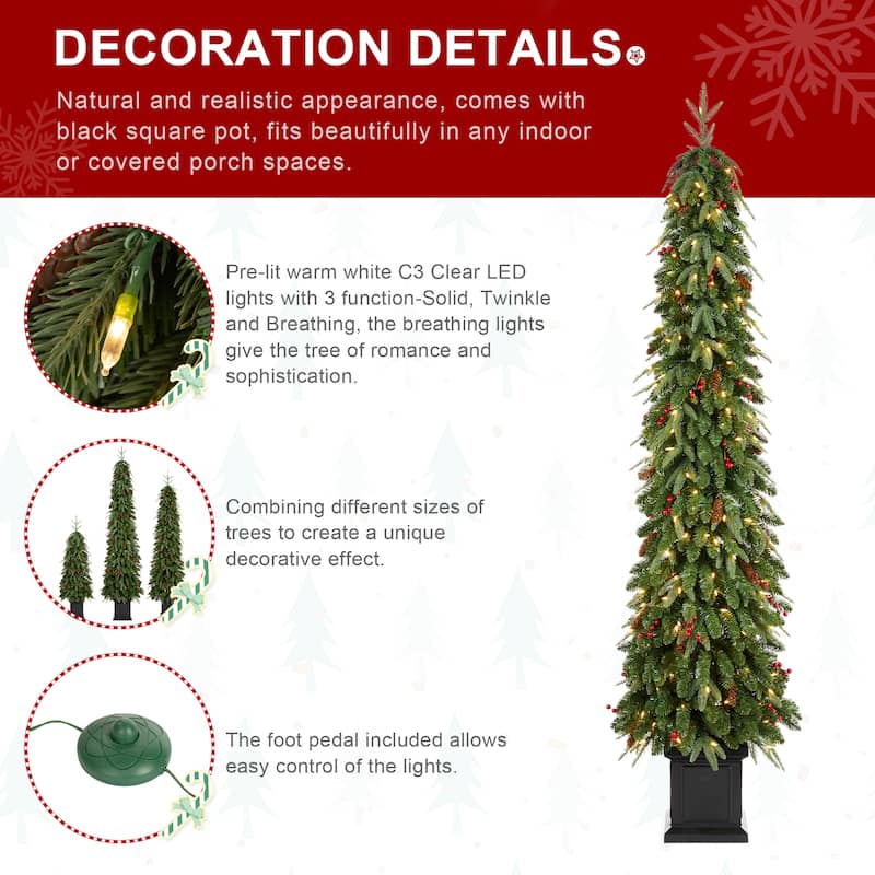 Glitzhome 4ft/6ft/7ft Pre-lit Green Artificial Christmas Porch Tree with Red Berries,Pinecones and 100 Warm White Lights