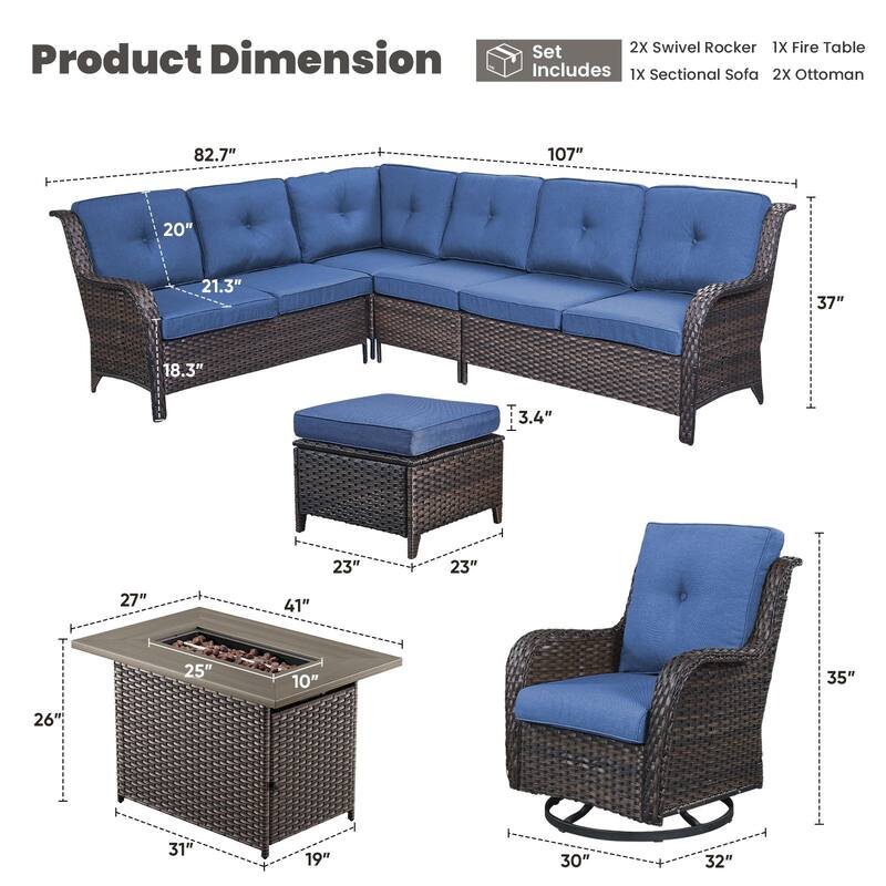 Gymojoy 6-Piece Outdoor Wicker Patio Furniture with Fire Pit and L-shaped Sectional Sofa, Coversation Set with Thick Cushions - Brown Wicker / Blue Cusion - 6-Piece
