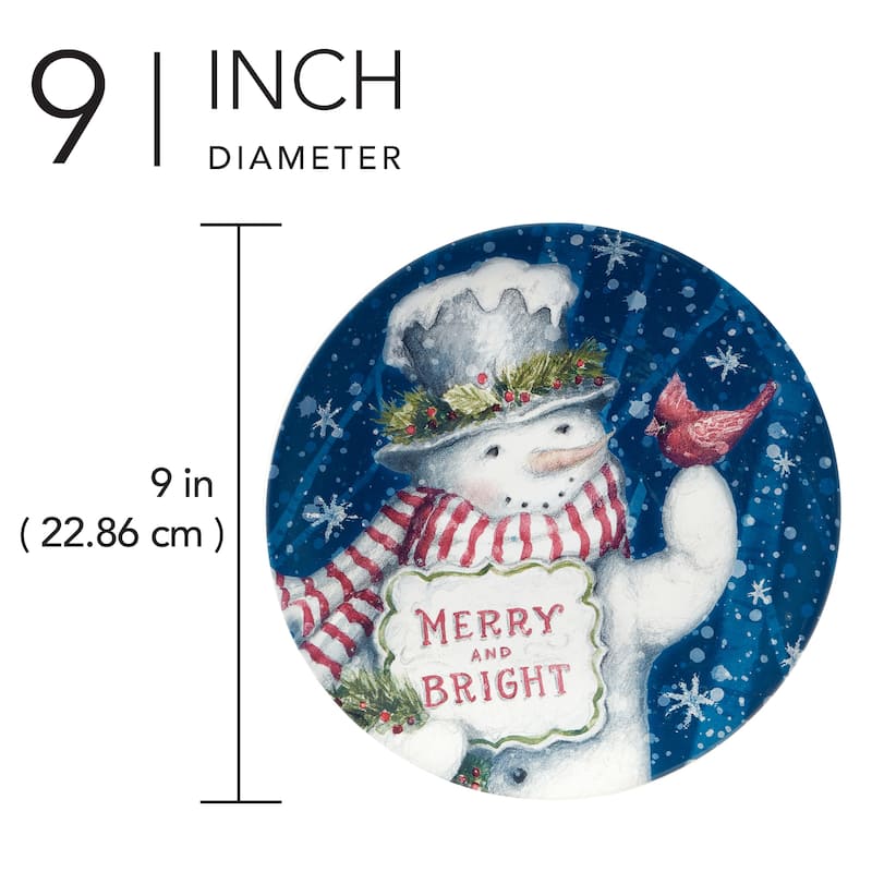 Certified International Snowman Greetings 9" Salad/Dessert Plates, Set of 4 Assorted Designs - 9" Diameter x 1"