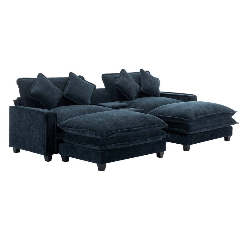 111" Chenille Sectional Sofa with 2 Ottomans, 2 USBs, 2 Cup Holders, Storage, Blue