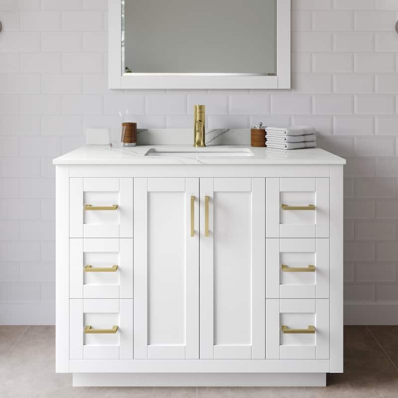 Wyndham Collection WCF292942S-QTZ-UNSMXX Miranda 42" Free Standing - White / Giotto Quartz Top / Brushed Gold Hardware