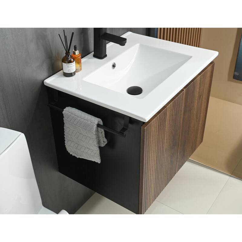 GDFStudio - Adrian Floating Bathroom Vanity with Ceramic Sink and Integrated Towel Rack Storage Cabinet