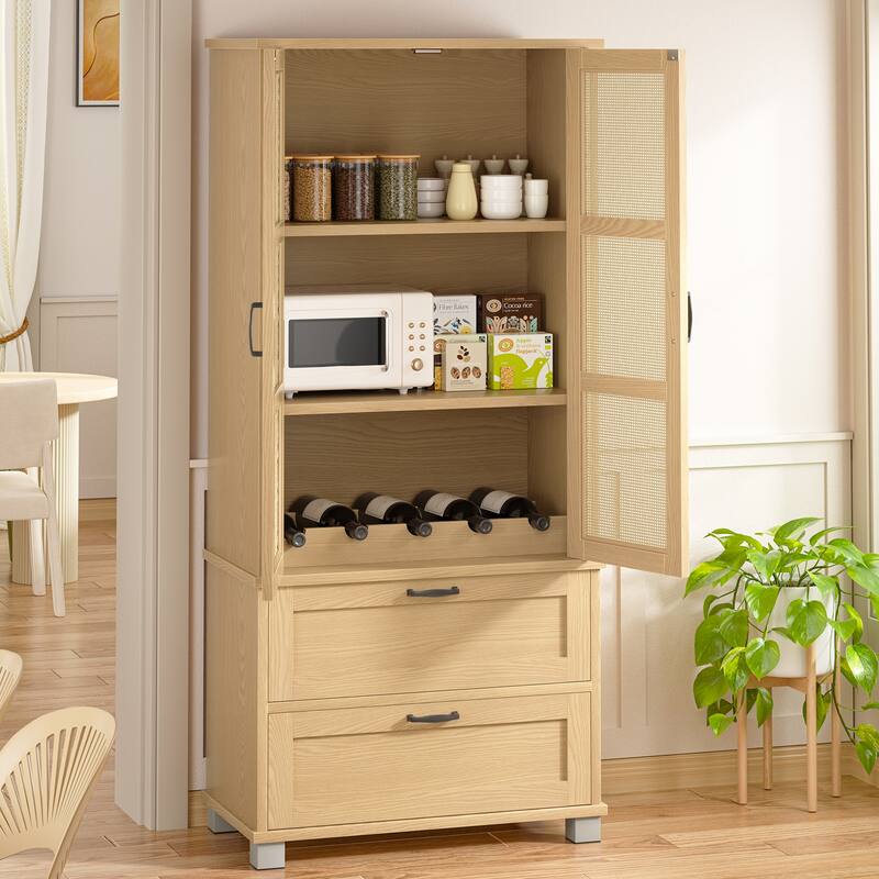 Rattan Door Pantry Storage Cabinet with Wine Rack - Freestanding Storage Organizer with Anti-Tip
