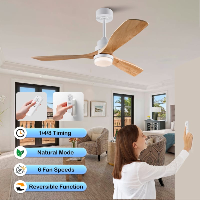 52 Inch Modern Ceiling Fan with LED Light, 3 Solid Wood Blades, Remote Control (3-Color Dimmable & Reversible)