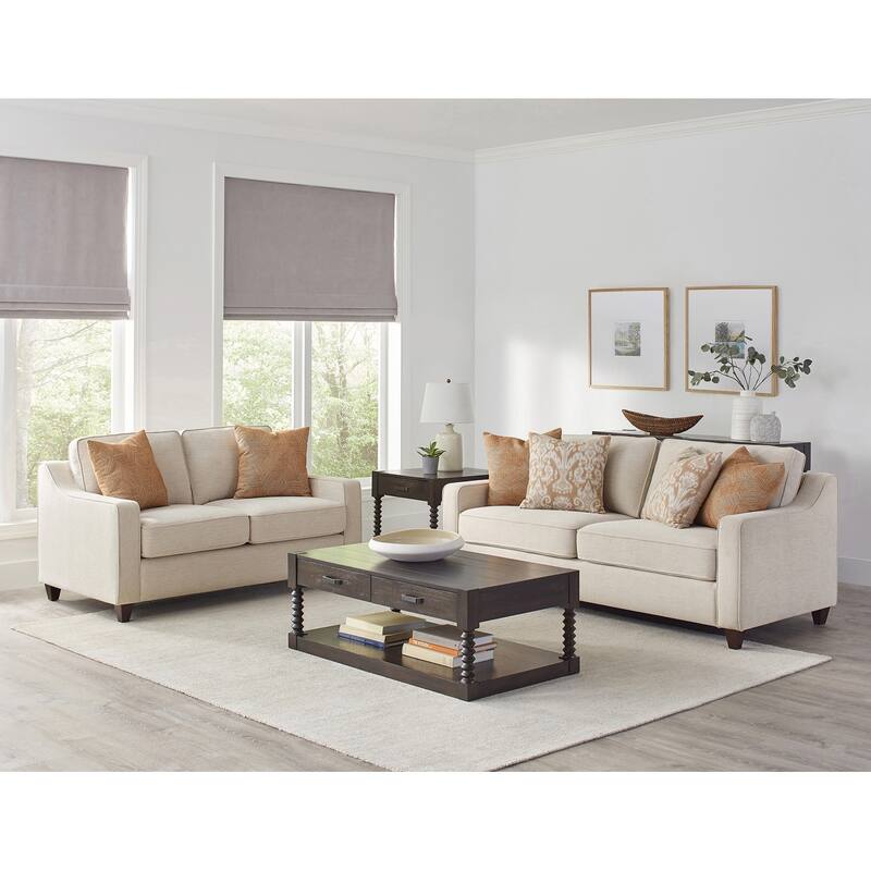 Fabric Upholstered Sofa Set with Cushion Back and Wood Legs in Beige
