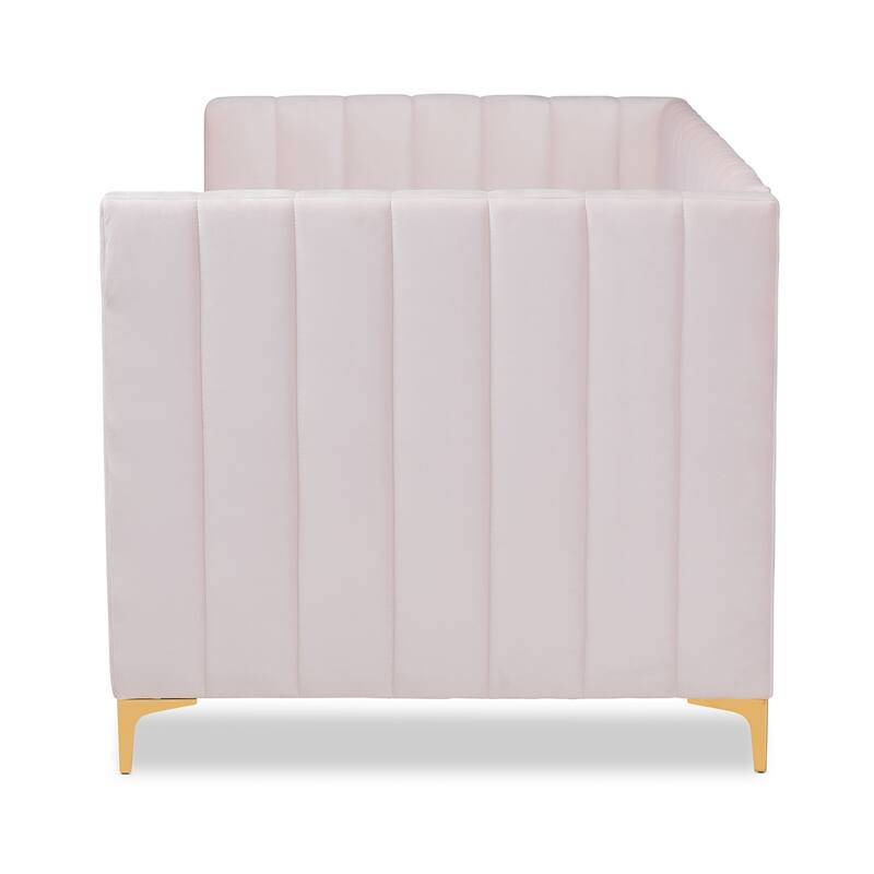 Pink Velvet Upholstered Twin Daybed with Channel Tufting and Gold Metal Legs, Luxe Contemporary Guestroom Bed