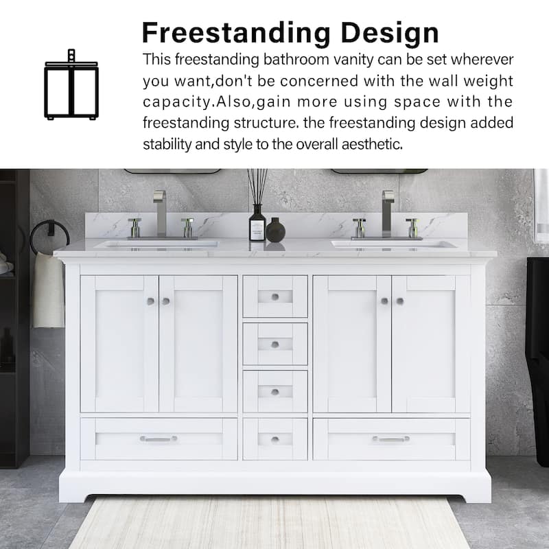 60 inch Plywood Double Sink Freestanding Bath Vanity with White Marble Top - 60" x 22"