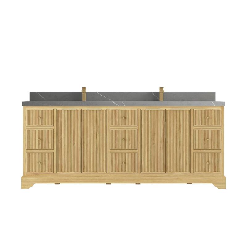 Willow Collections 84 in. W x 22 in. D Austin Solid Teak Wood Double Sink Bathroom Vanity with Countertop - 2"Piatra Gray - Light Natural