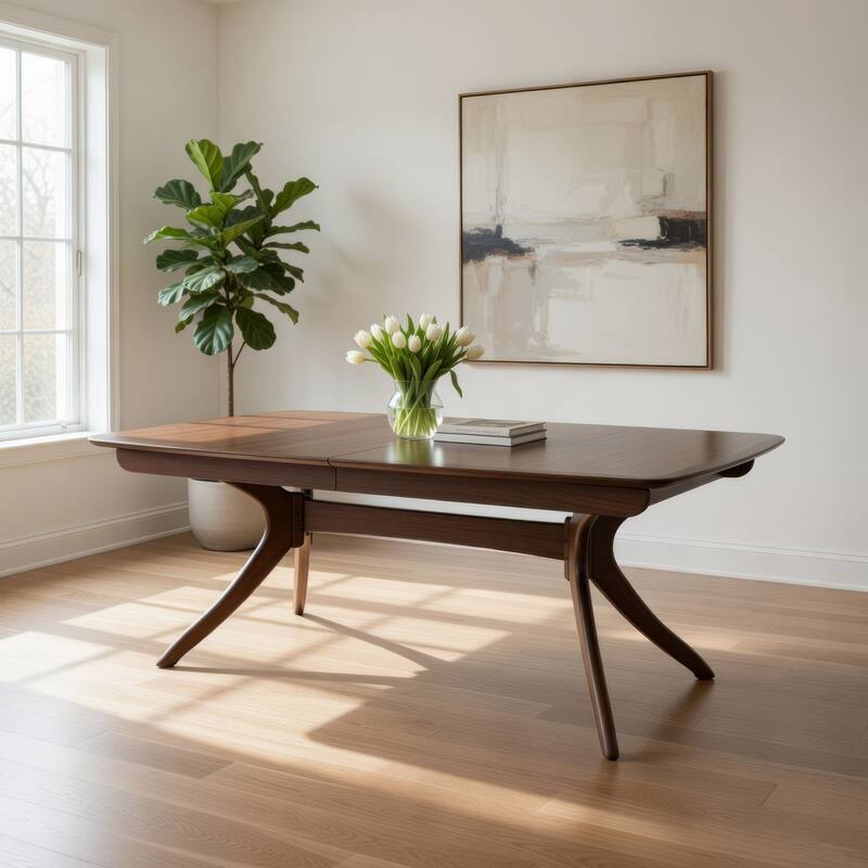 Viki 82-102 Inch Dining Table, Curved Legs Extendable Brown Solid Wood