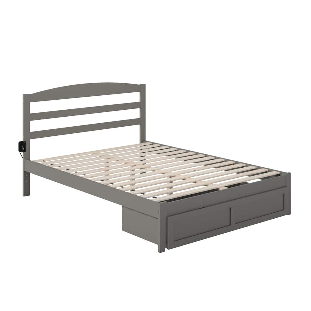 Modern Bed with Storage Drawer - Grey Platform Bed Frame - Wood Slat Support - Charging Station Included
