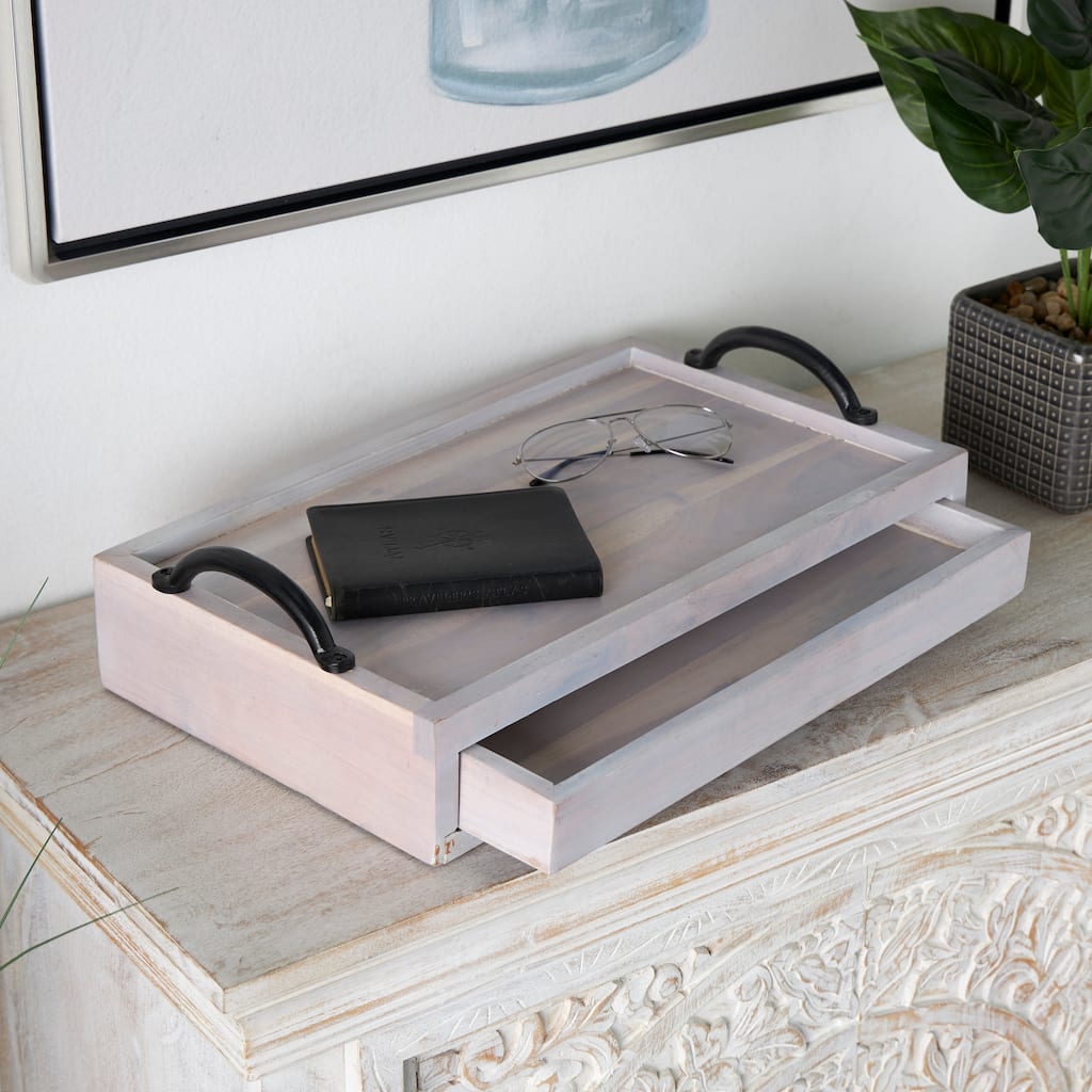 Mango Wood Hidden Drawer Tray with Black Metal Handles - Cream or Brown