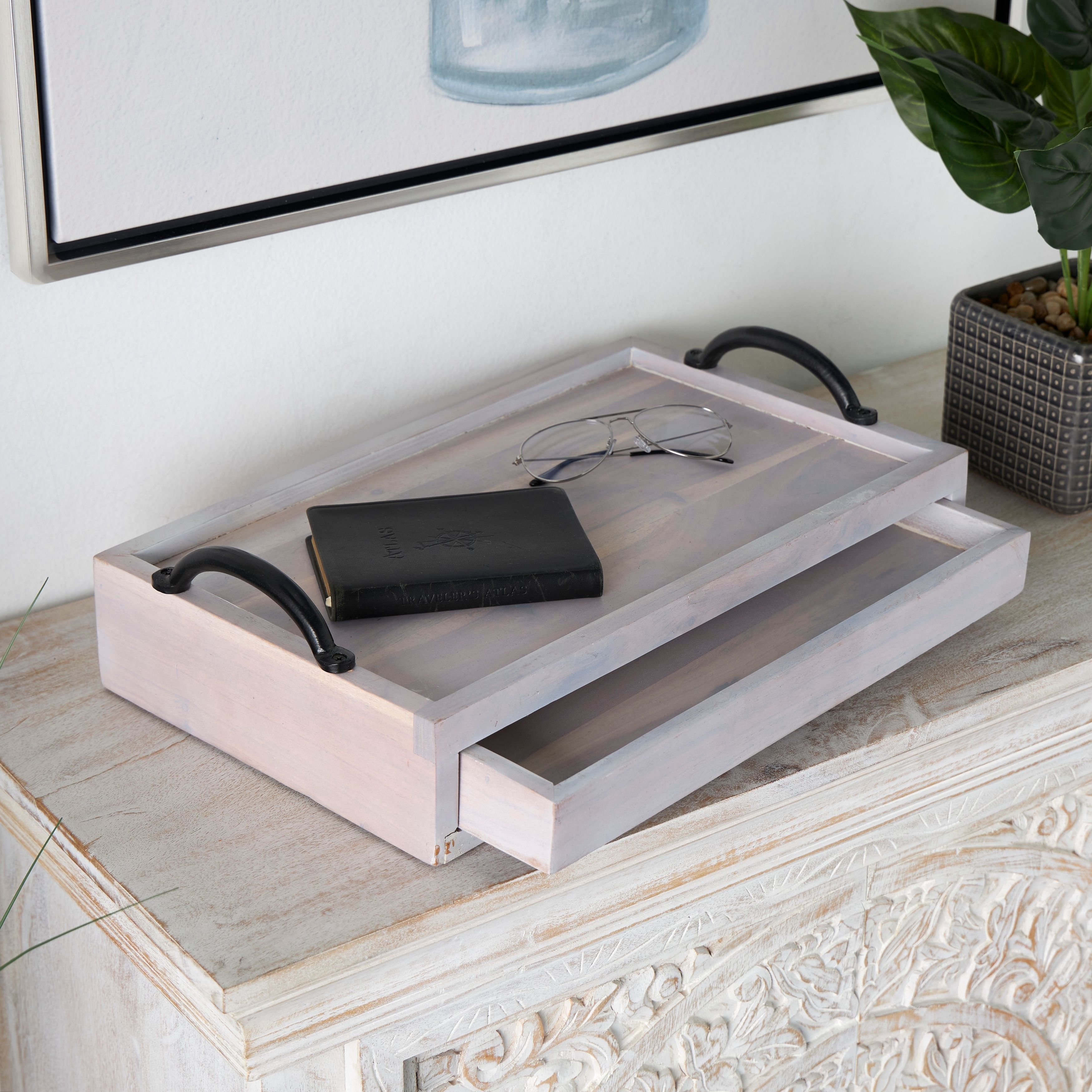 Mango Wood Hidden Drawer Tray with Black Metal Handles - Cream or Brown