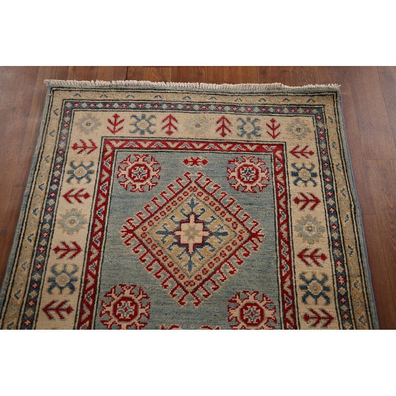 Geometric Kazak Oriental Runner Rug Hand-Knotted Blue Wool Carpet - 2'3" x 13'2"