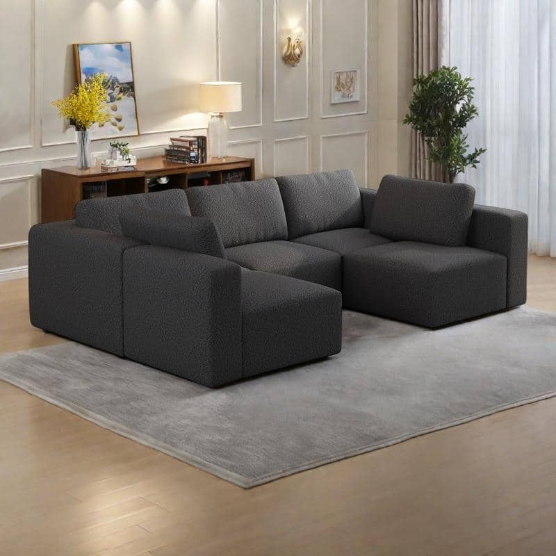 104.32" Yarn Fleece Modular Sectional Sofa Set with Chaise & Ottoman, U-Shaped 5-Seater Sleeper