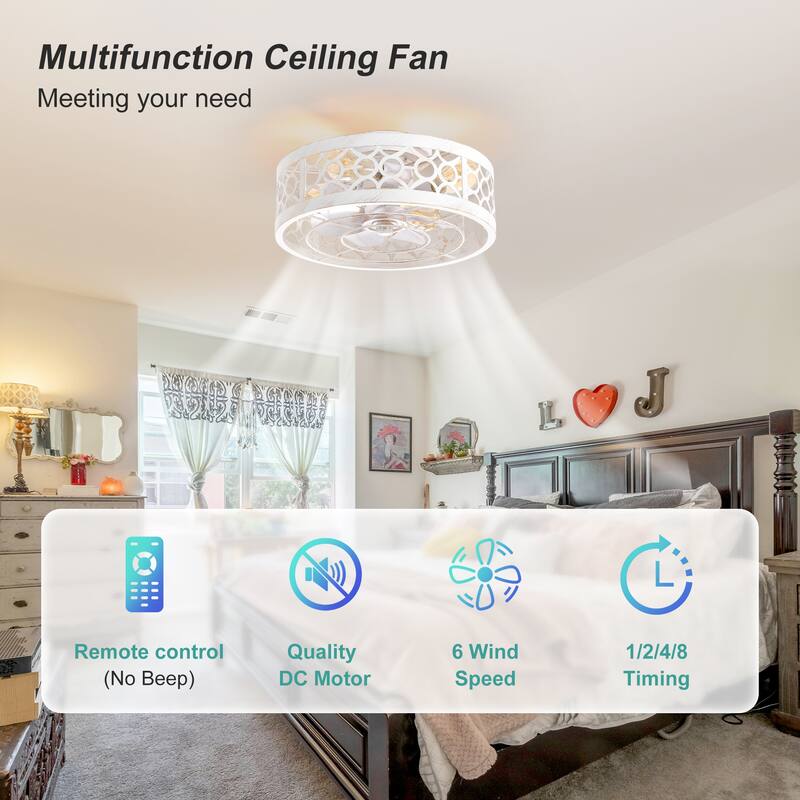 16.5in Vintage Distressed White Flush Mount Caged Ceiling Fan with Remote Light(7-Blade)