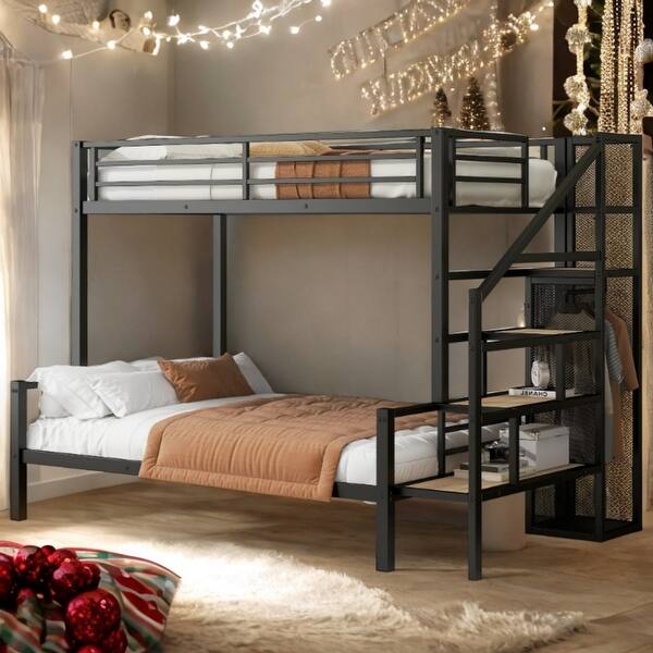 slide 2 of 12, Black Metal Twin over Full Bunk Bed with Storage Staircase and Small Open Wardrobe