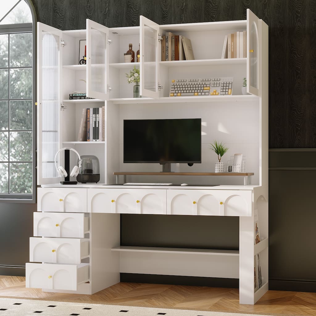 63” Modern White Computer Desk with Hutch & Drawers, Tempered Glass Cabinet Doors, Large Storage Home Office Workstation