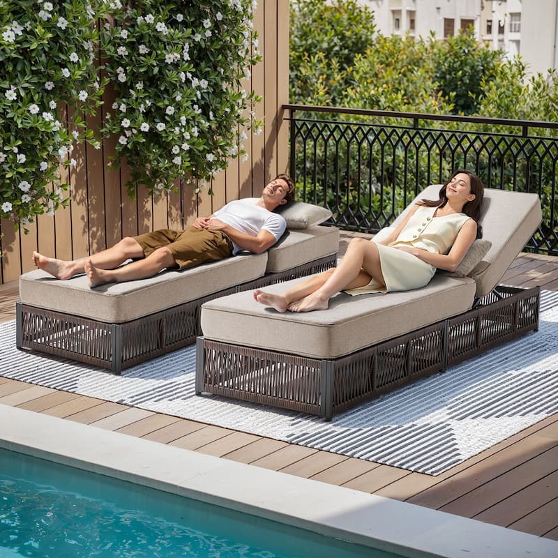 Gymojoy Outdoor Patio Chaise Lounge Chair, Luxury Rattan Recliner with 6-Position Backrest & 5-Inch Thick Cushions - 1-Piece