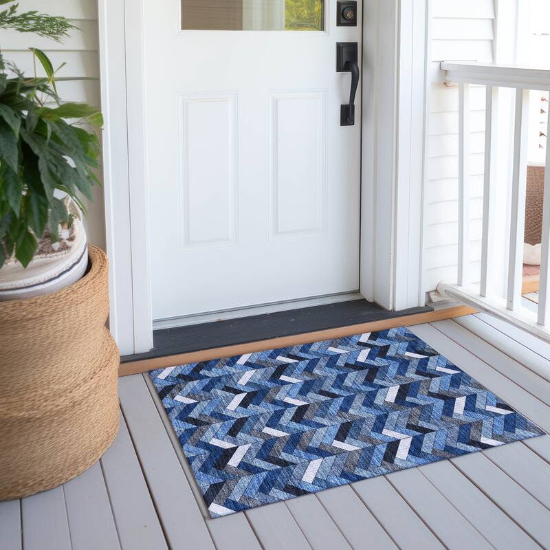 Machine Washable Indoor/ Outdoor Modern Chevron Chantille Rug - Blue - 1'8" x 2'6"