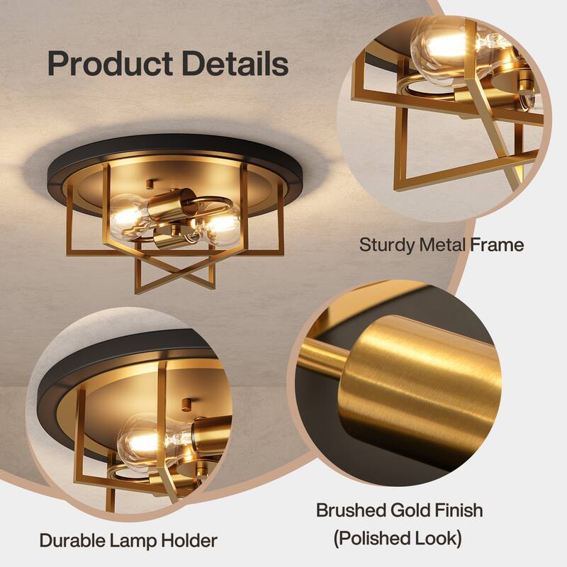 2-Light Ceiling Mount for Farmhouse with Gold Lines Design, Industrial Kitchen Ceiling Light