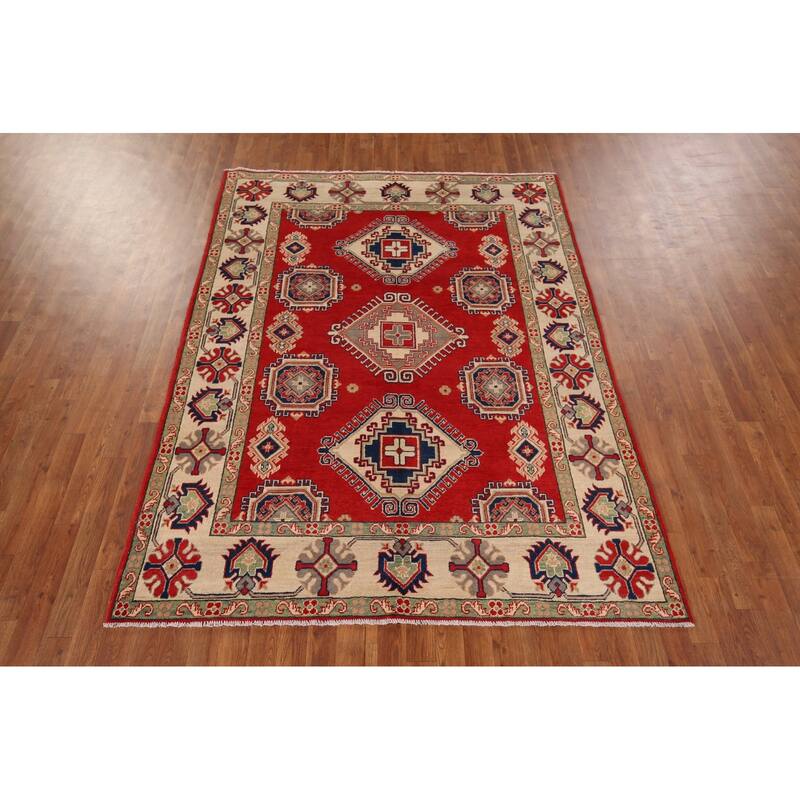 Geometric Kazak Rug Hand-Knotted Bedroom Red Wool Carpet - 5'9" x 7'7"