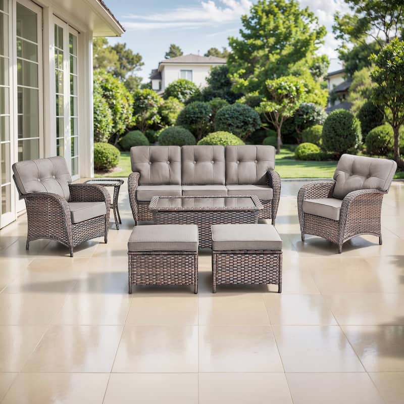 TWrap 7-Piece Patio Brown Wicker Sofa Conversation Set with 5-Inch Thick Cushions - Brown/Gray - 7-Piece