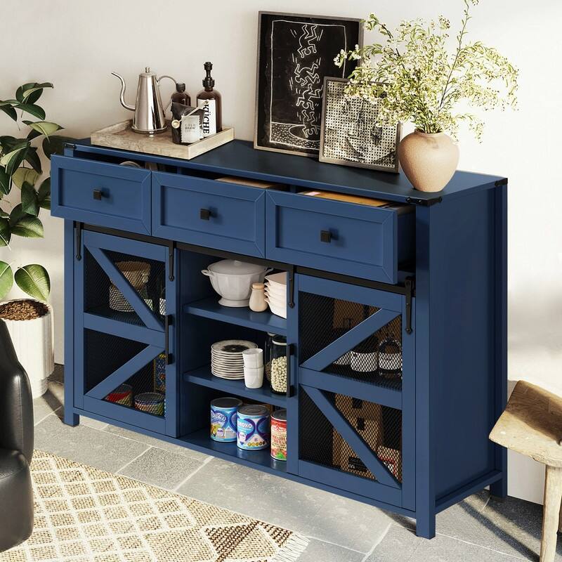 Farmhouse 55" Sideboard with 2 Sliding Barn Doors and 3 Drawers for Stylish Home Storage Solution
