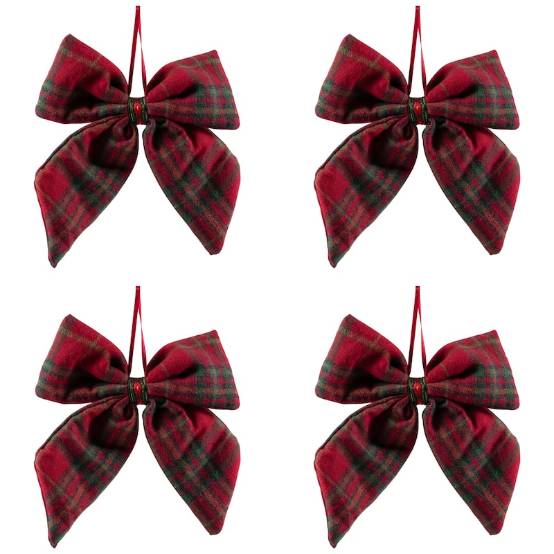 Plush Plaid Bow Christmas Ornaments - 7.5" - Set of 4