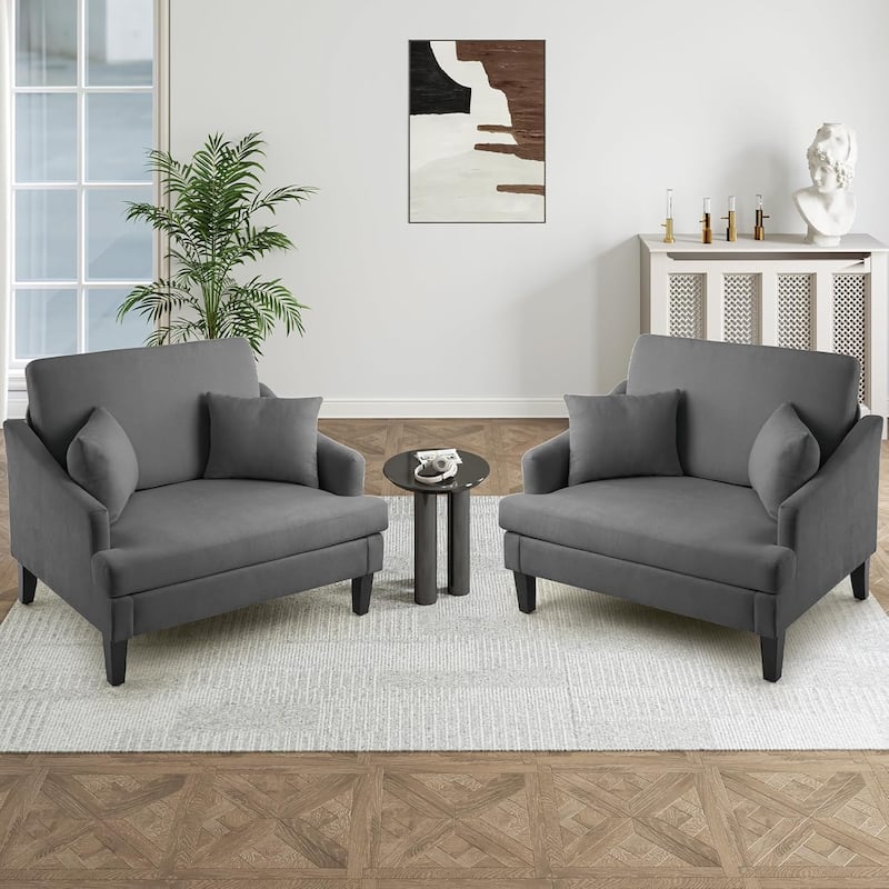 Bezseller Modern Oversized Accent Chair, 33.5'' Wide Seat Upholstered Armchair with Wood Legs and 2 Pillows - 2 Pack - Dark Grey